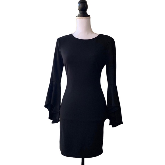 LULU’S GIMME SOME FLAIR BLACK FLOUNCE SLEEVE BODYCON DRESS - Picture 6 of 16